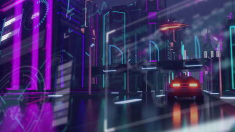 Animation-Des-Schnittstellenbildschirms-über-Einem-Futuristischen-Auto,-Das-Nachts-Durch-Eine-Neonstadt-Fährt