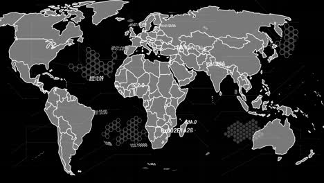 Animation-of-digital-data-processing-and-world-map-over-black-background