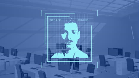 Animation-of-data-processing-with-portraits-over-desks-with-computers-on-blue-background
