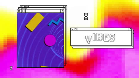 Animation-of-vibes-text-and-computer-window-screens-with-neon-pattern