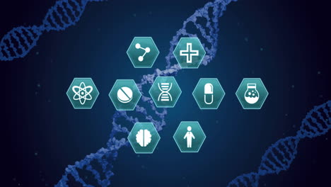 Animation-Medizinischer-Symbole-über-DNA-Auf-Blauem-Hintergrund