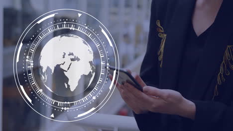Animation-of-globe-and-data-processing-over-caucasian-woman-using-smartphone