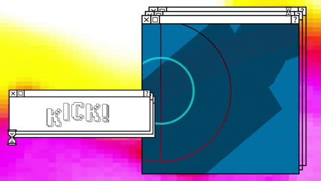 Animation-Von-Kick-Text-Und-Computerfenster-Bildschirmen-Mit-Neon-Muster