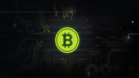 Animation-Des-Bitcoin-Symbols-Mit-Computerplatine-Und-Datenverarbeitung-Auf-Schwarzem-Hintergrund
