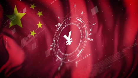Animation-Des-Yen-Symbols-Und-Des-Taschenrechners-über-Der-Flagge-Chinas