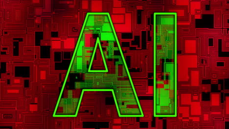 Animation-of-ai-text-and-data-processing-over-red-background