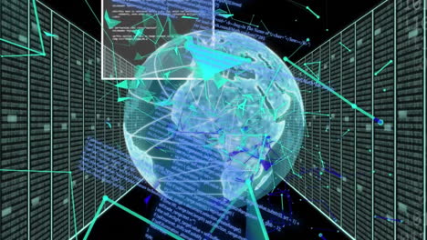Animation-Von-Verbindungen-Und-Datenverarbeitung-Mit-Globus-über-Computerservern-Auf-Schwarzem-Hintergrund