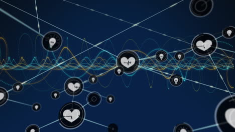 Animation-Eines-Verbindungsnetzwerks-Mit-Symbolen-über-Einer-Spirale-Auf-Blauem-Hintergrund