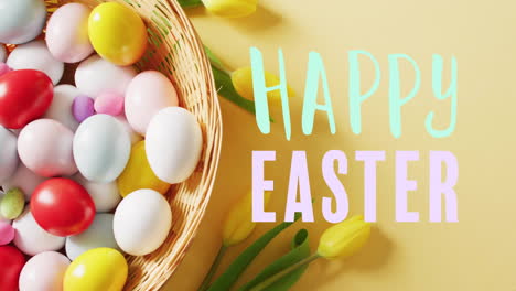 Animation-of-happy-easter-text-over-colourful-eggs-in-basket-on-yellow-background