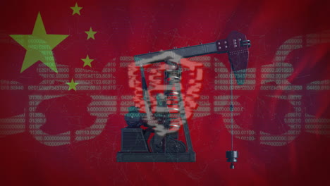 Animation-of-chain,-padlock-icon-and-pumping-oil-derrick-over-flag-of-china