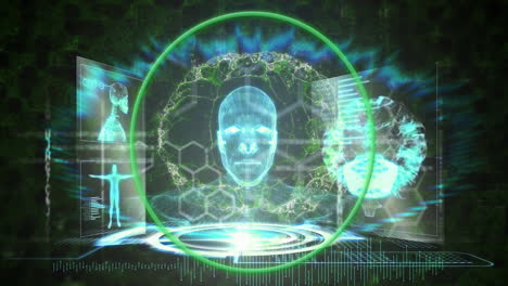 Animation-Der-Biometrischen-Kopf-,-Gehirn--Und-Datenverarbeitung-über-Bildschirme-Auf-Dunklem-Hintergrund