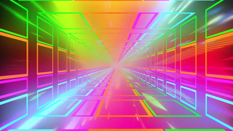 Animation-Eines-Tunnels-Aus-Farbigen-Neonfarbenen-Quadratischen-Umrissen,-Durch-Den-Sich-Lichtspuren-Bewegen