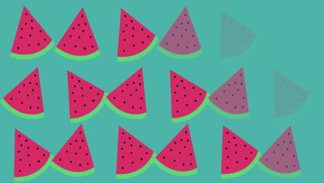 Animation-of-watermelon-icons-on-green-background