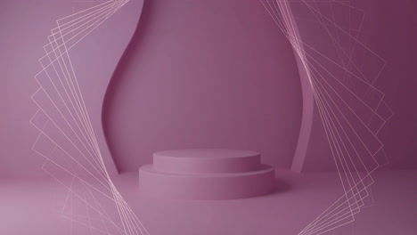 Animation-of-white-3d-network-structure-over-pink-circular-podium-and-background