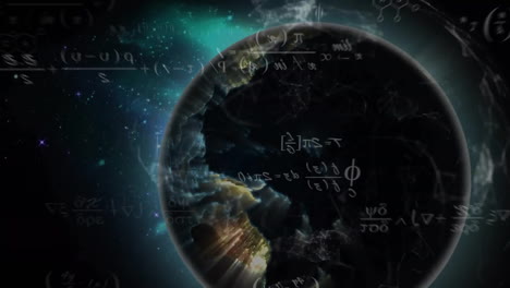 Animation-of-mathematical-equations-over-globe-on-black-background