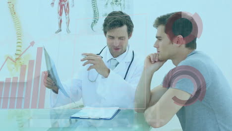 Animation-of-data-processing-and-diagrams-over-caucasian-male-doctor-talking-with-patient