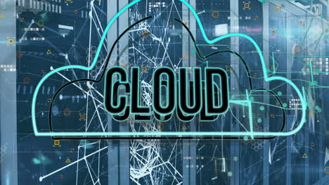 Animation-Von-Cloud-Text-In-Digitaler-Cloud-über-Datenverarbeitung-Und-Serverraum