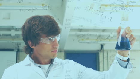 Animation-of-mathematical-equations-over-caucasian-male-scientist-examining-vial