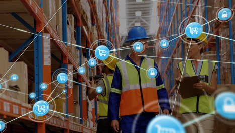 Animation-of-network-of-connections-over-diverse-workers-talking-in-warehouse