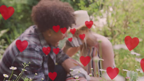 Animation-of-red-hearts-over-happy-diverse-couple-gardening-and-laughing-in-sunny-garden