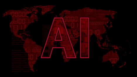 Animation-of-ai-text,-world-map-and-digital-data-processing-over-black-background