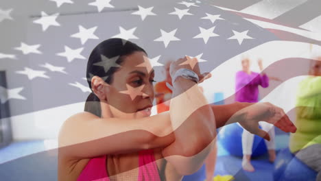 Animation-of-flag-of-usa-over-diverse-people-exercising