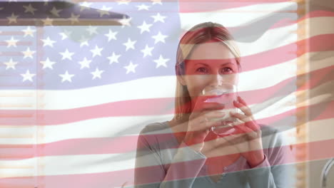 Animation-of-flag-of-usa-over-caucasian-woman-drinking-water