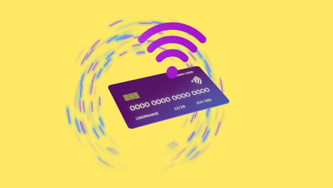 Animation-of-wifi-icon-and-credit-card-over-yellow-background