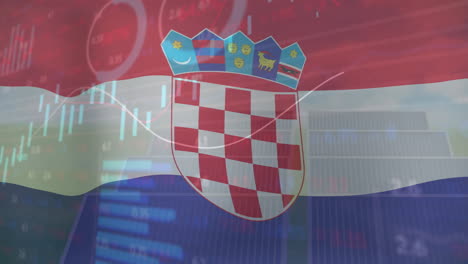 Animation-of-data-processing-and-diagrams-over-flag-of-croatia