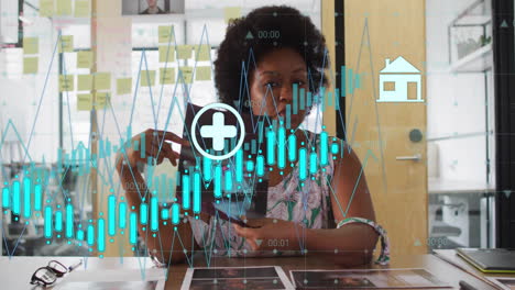Animation-Der-Finanzdatenverarbeitung-über-Einer-Afroamerikanischen-Geschäftsfrau-Im-Büro