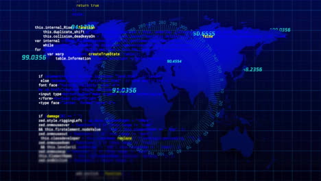 Animation-Der-Digitalen-Datenverarbeitung-über-Einem-Globus-Mit-Weltkarte-Auf-Schwarzem-Hintergrund
