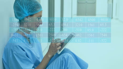 Animation-of-data-processing-over-caucasian-female-doctor-using-tablet-in-hospital