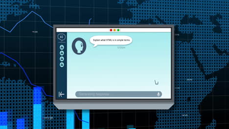 Animation-Eines-KI-Chatbots-Und-Digitaler-Datenverarbeitung-über-Einem-Computerbildschirm-Und-Einer-Weltkarte