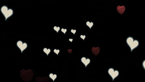 Animation-of-floating-and-falling-hearts-on-black-background