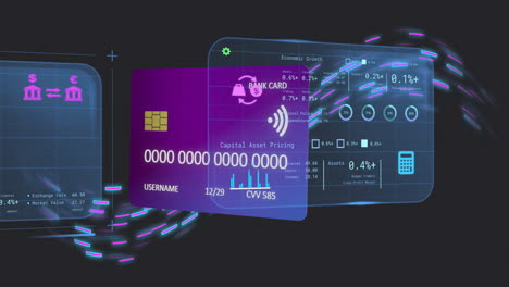 Animation-of-screen-with-data-and-credit-card-over-black-background