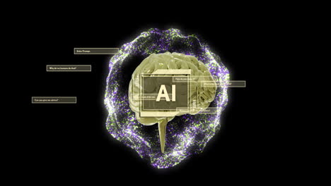 Animation-Von-KI-Text,-Menschlichem-Gehirn-Und-Digitaler-Datenverarbeitung-Auf-Dunklem-Hintergrund