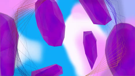 Animation-of-network-structure-over-3d-purple-shapes-rotating-on-soft-pink-and-blue-background