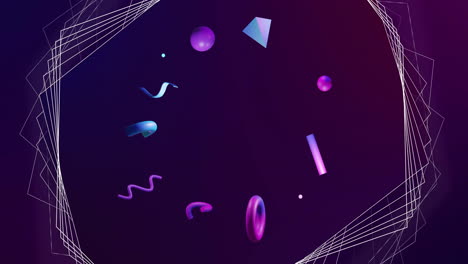 Animation-Einer-Weißen-Netzwerkstruktur-über-3D-blauen-Und-Violetten-Formen,-Die-Auf-Dunklem-Hintergrund-Rotieren