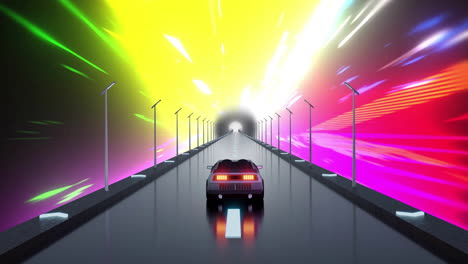Animation-of-car-driving-through-tunnel-with-coloured-light-trails-moving-through-it