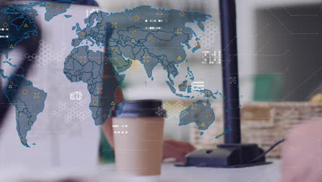 Animation-of-financial-data-processing-with-world-map-over-caucasian-woman-serving-coffee