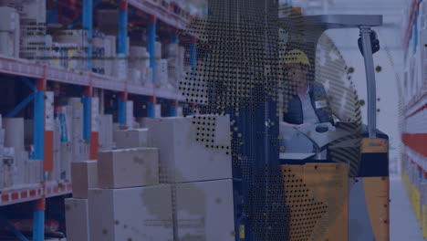 Animation-of-globe-and-digital-data-processing-over-caucasian-man-in-forklift-working-in-warehouse