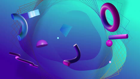 Animation-of-3d-blue-and-purple-shapes-rotating-over-network-structure-on-abstract-blue-background