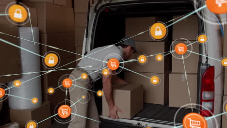 Animation-of-network-of-connections-over-caucasian-male-worker-packing-car-in-warehouse