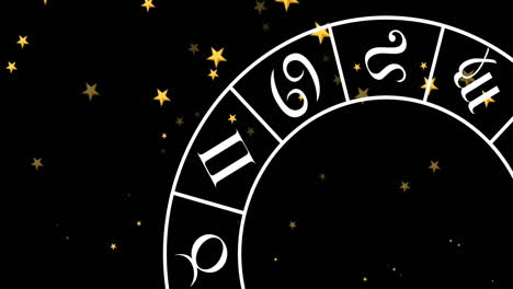Animation-of-circle-with-zodiac-signs-over-stars-on-black-background