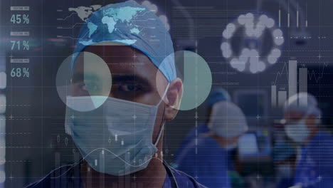 Animation-of-data-processing-and-diagrams-over-diverse-surgeons-with-face-masks-in-operating-room