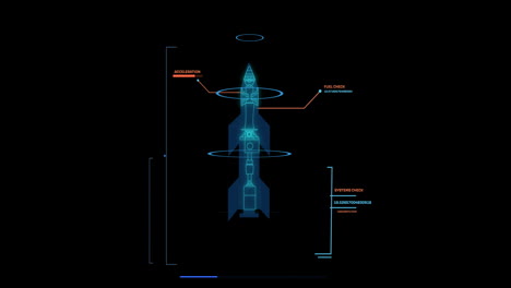 Animation-of-data-processing-and-rocket-blueprint-on-black-background