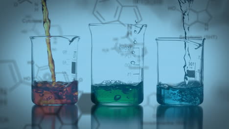 Animation-of-chemical-formula-over-beakers-with-colourful-liquid