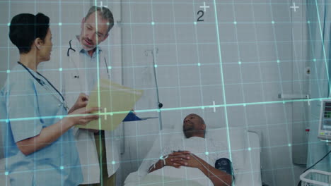 Animation-of-white-shapes-moving-over-diverse-doctors-talking-with-patient-on-bed-in-hospital