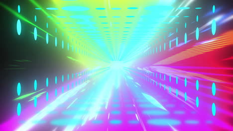 Animation-of-tunnel-of-blue-lights-with-coloured-light-trails-moving-through-it