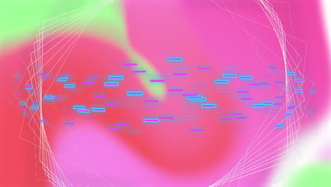 Animation-of-blue-and-pink-data-stream-over-3d-network-structure-on-soft-pink-and-green-background